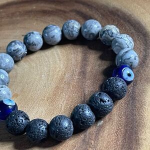 Picasso jasper lava evil eye 10mm stretch bracelet beaded bracelet 7” stretch cr
